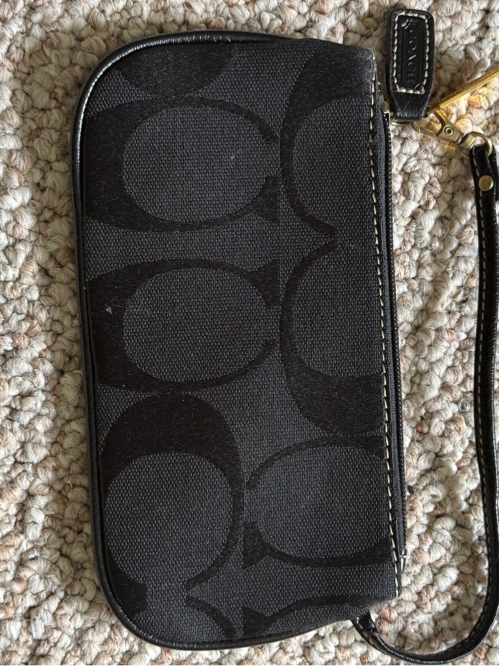 Coach Black Leather Logo Keychain Wristlet with Gold Hardware